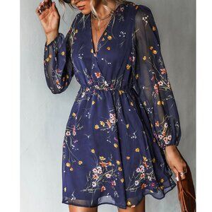 Realm Of Sky Floral Print Chiffon A-Line Mini Dress SIZE: M